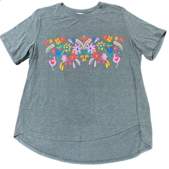 Amaryllis Tops - Amaryllis Gray Tee Colorful Floral Print Hi-Lo T-shirt Size 1x